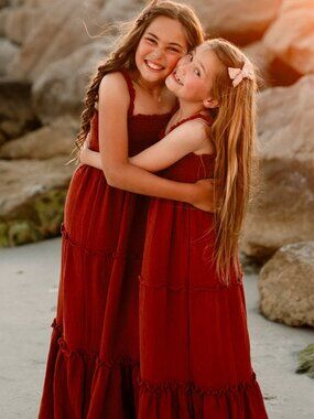 Indie Blue Maxi Dress Girls Rust Sister Set  Boho Gauze Beach Resortwear